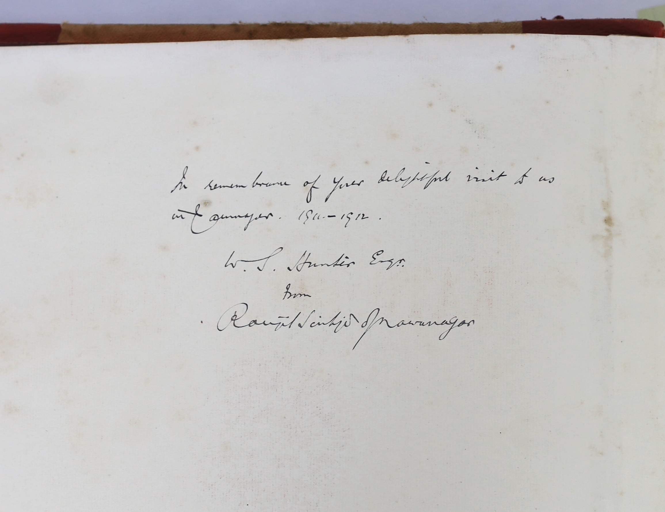 Indian Interest: CAXTON WORKS. Souvenir. 'Kathiawar Tour of His Excellency Sir George Sydenham Clarke, Governor of Bombay, 1910', a leather bound album of photographs by Bourne & Shepherd, presentation copy to Sir Willia